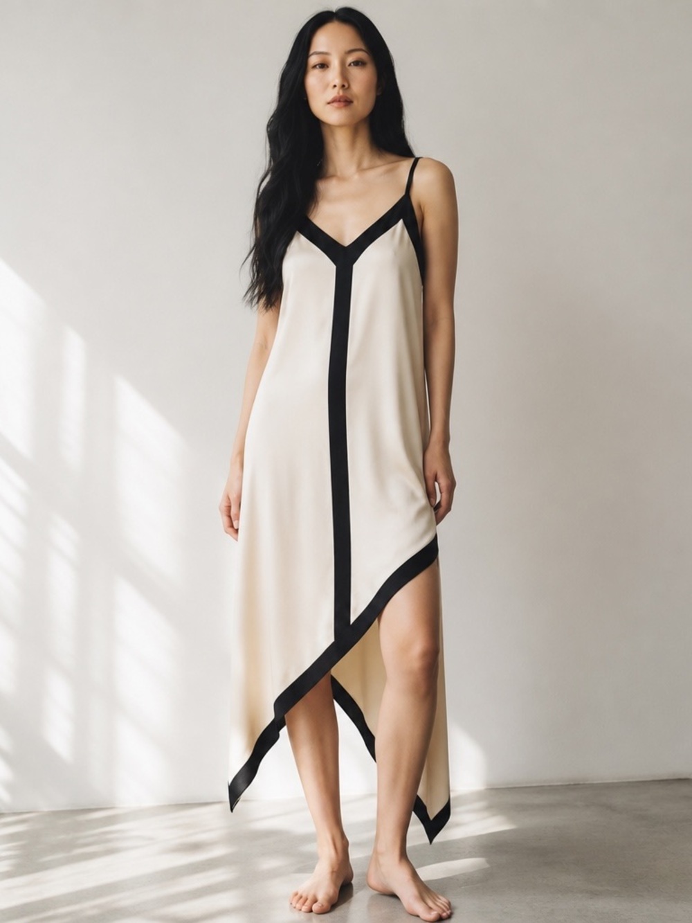 Cream Slip Dress with Black Trim